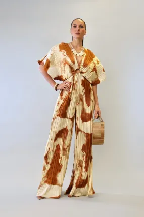 Beige Combo V-Neck Drop Shoulder W/ O-Ring Attached Pleated Jumpsuit