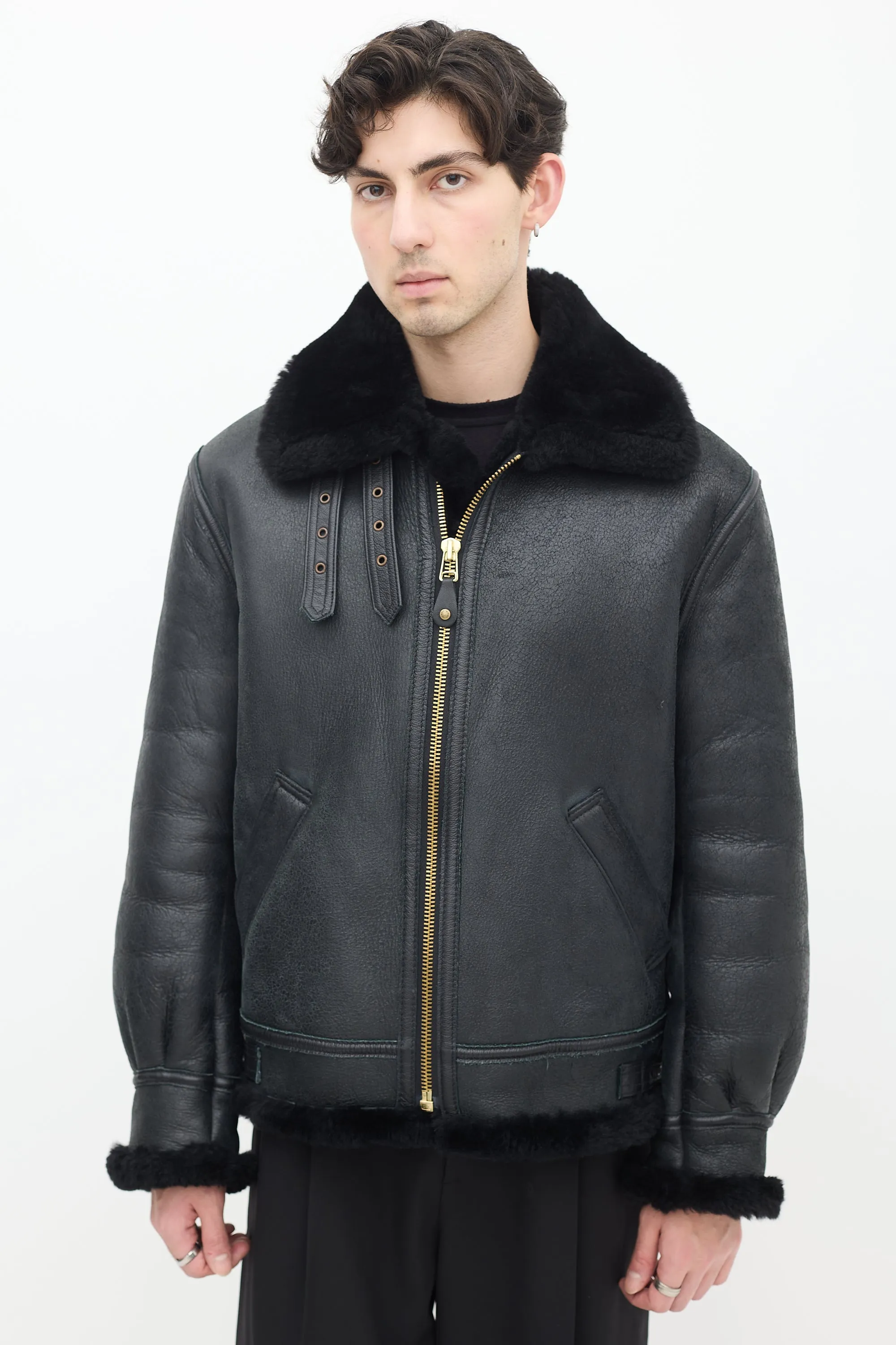 Black Leather & Shearling Lined Moto Jacket