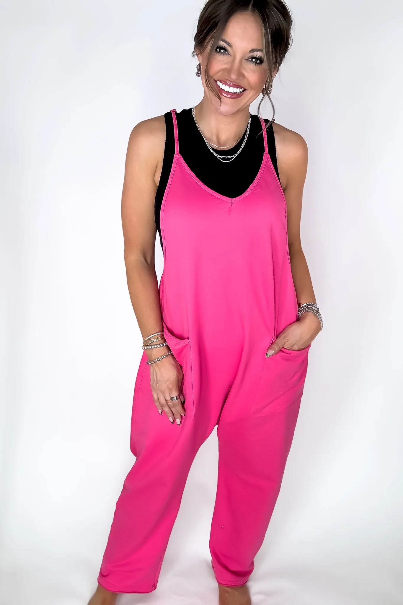 Jenny V-neck Hot Pink Baggy Knit Jumpsuit