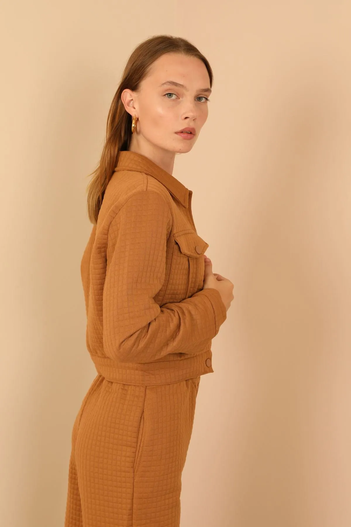 KKT Quilted Fabric Long Sleeve Shirt Collar Short Full Fit Button Up Women Jacket - Light Brown - North Brunswick
