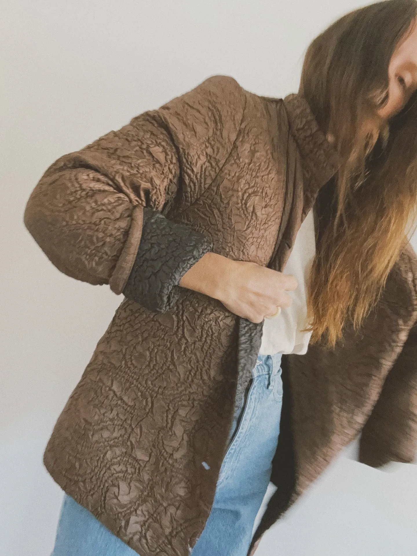 Reversible Crinkle Quilted Coat, Brown   Black