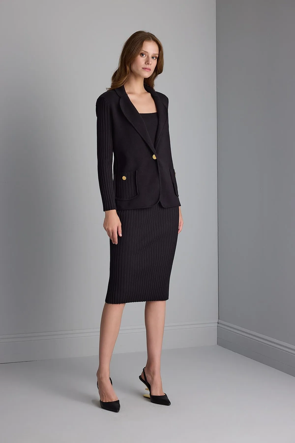 Ribbed Black Knitwear Pencil Skirt