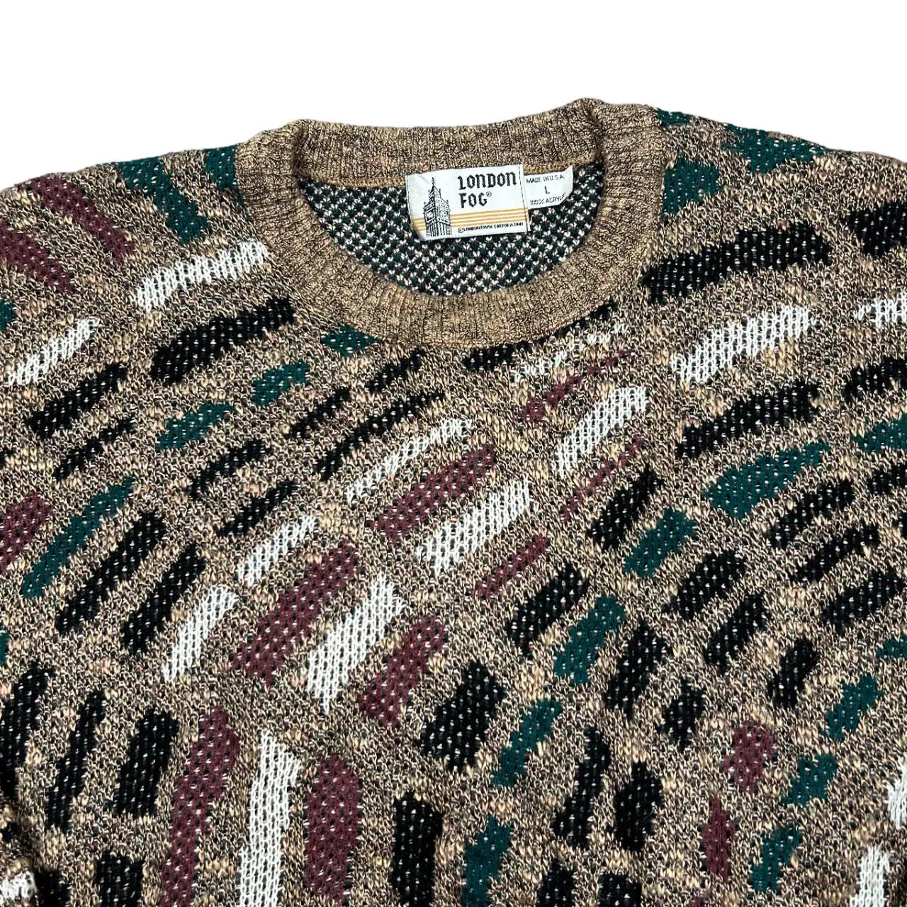 Vintage 90's LONDON FOG Made In USA Grandad Patterned Acrylic Knit Crewneck Sweater Jumper