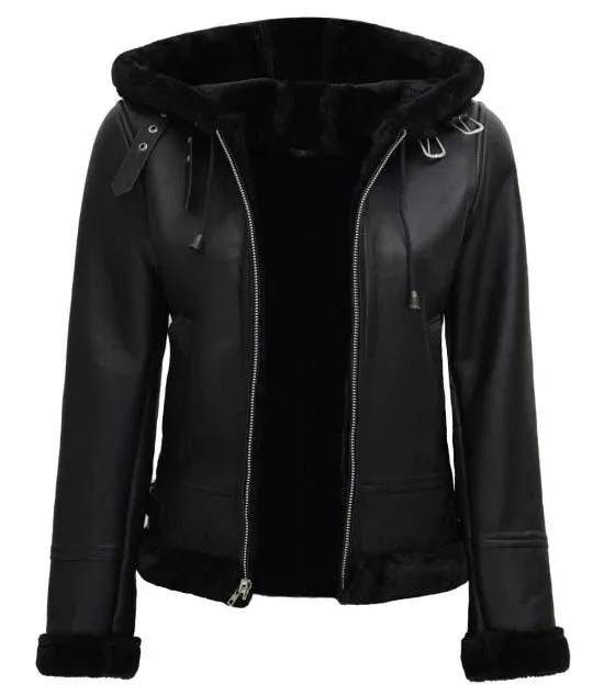 Womens Black Faux Shearling Bomber Leather Jacket with Hood